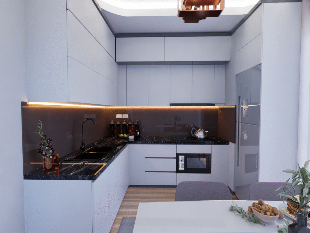 Modern mutfak ve salonun birleşimini gösteren geniş açılı bir tasarım. Mermer kaplı mutfak tezgahı, ahşap detaylı yemek masası ve minimalist bir salon alanı yer alıyor.