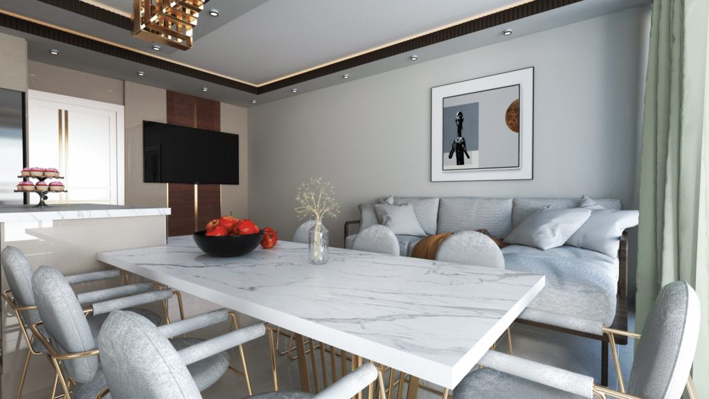 Modern mutfak ve salonun birleşimini gösteren geniş açılı bir tasarım. Mermer kaplı mutfak tezgahı, ahşap detaylı yemek masası ve minimalist bir salon alanı yer alıyor