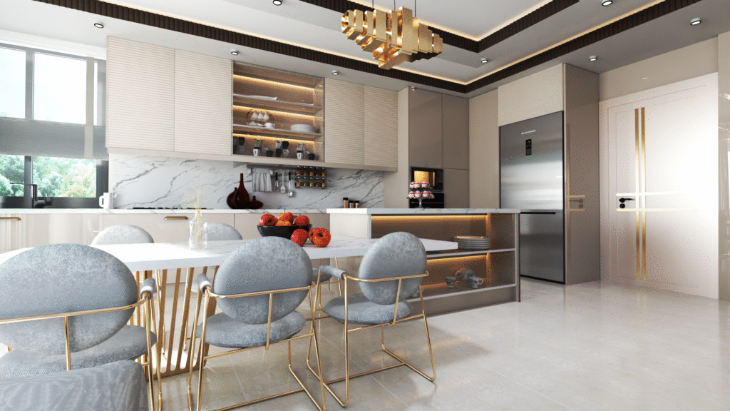 Beyaz ve gri tonlarında tasarlanmış modern bir mutfak ve yemek alanı. Beyaz mermer tezgah ve duvarda yer alan siyah beyaz sanat eseri dikkat çekiyor.