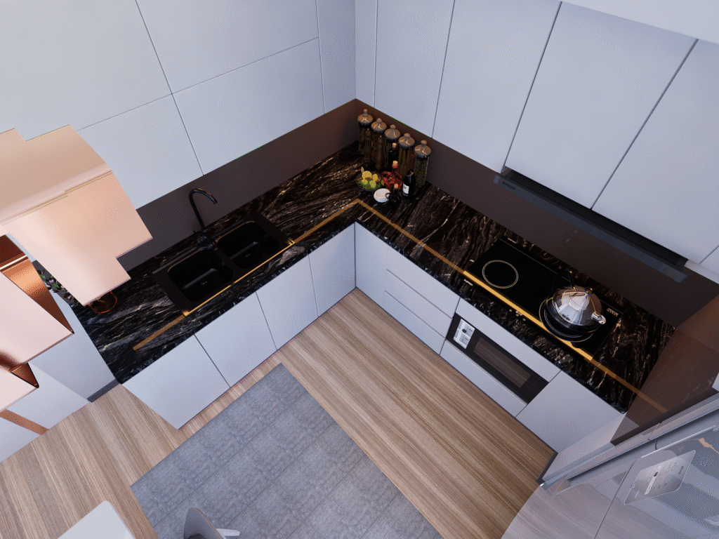 çık konsept bir dairede yer alan modern mutfak ve yemek alanı. Mermer kaplama tezgah, altın renkli sandalyeler ve minimalist aydınlatmalarla şık bir görünüm