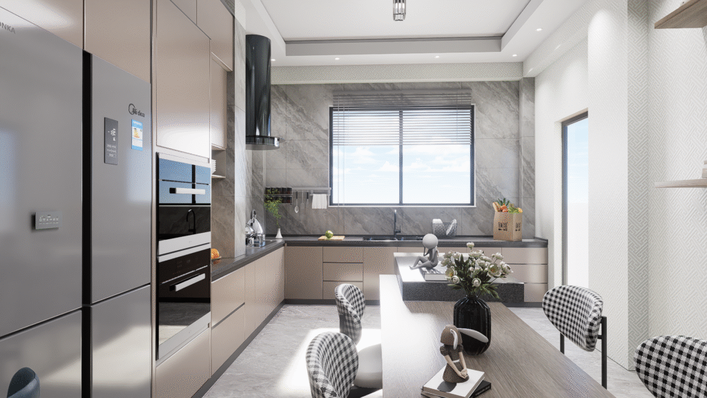 Modern latte tonlarında mutfak tasarımı, ankastre buzdolabı ve fırınlar, granit tezgahlar, pencere önü eviye ve kahve köşesi bar tabureleri