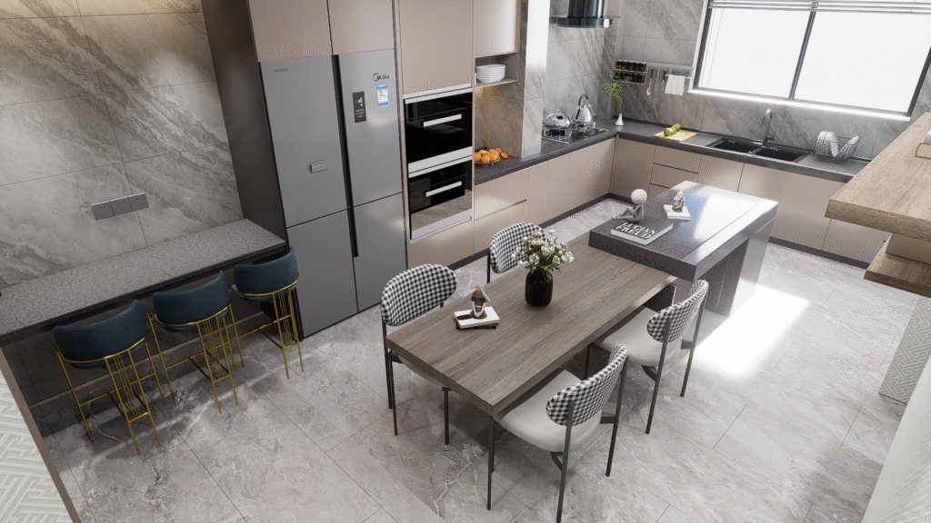 Yukarıdan modern mutfak görünümü, geniş ada mutfak masası, açık plan düzen, kahve köşesi, bar sandalyeleri ve bol doğal ışık.