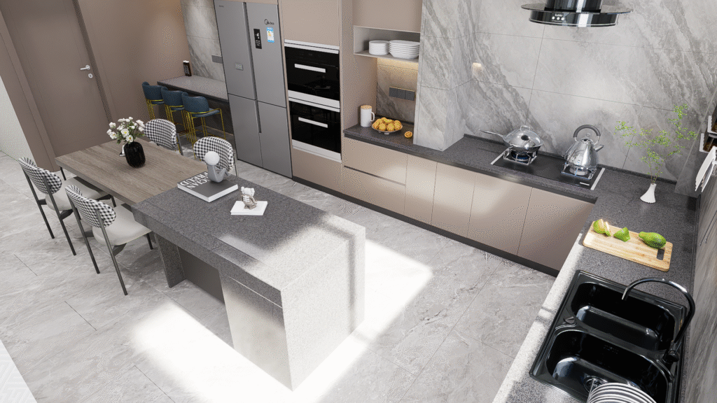 Mutfak üstten görünüm, uzun yemek masası, mutfak adası, şık kahve köşesi bar alanı, ankastre beyaz eşyalar ve modern ocak.