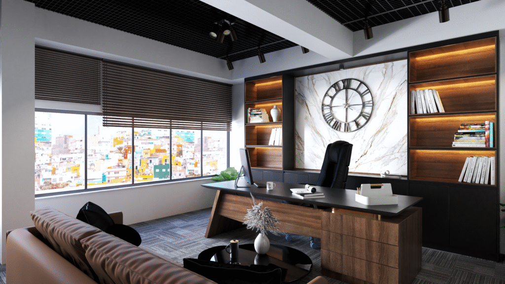 Renkli raflı ofis iç tasarımı. Bekleme alanı, modern kanepe ve dekoratif kitaplık. Yaratıcı ve dinamik ofis ortamı.