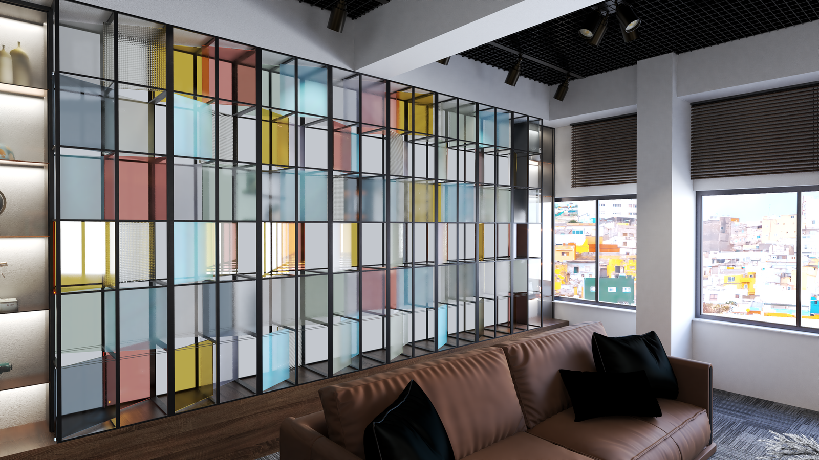 Renkli raflı ofis iç tasarımı bekleme alanı modern kanepe dekoratif kitaplık yaratıcı | XLine Mimarlık