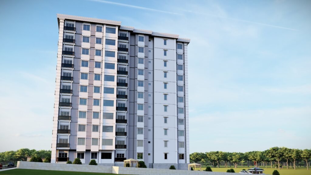 Kadıköy Mimari Tasarım Modern konut binası, gri ve beyaz dış cephe, çevresindeki yeşil alanlar. Şık ve sade bina mimarisi