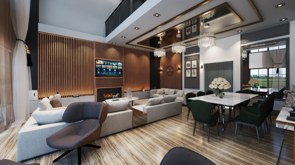 Yüksek tavanlı ve galeri boşluklu lüks salon tasarımı, ahşap panel şömineli duvar, mermer yemek masası ve modern aydınlatmalar