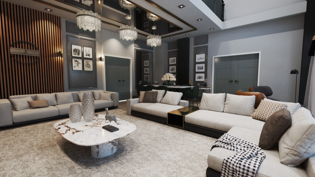 Modern klasik salon oturma grubu, organik formlu mermer orta sehpa, yansımalı tavan detayı ve duvar çıta uygulamaları.