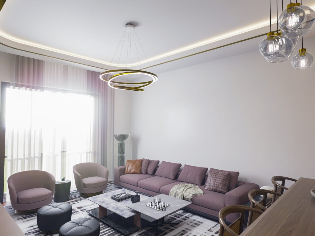 
Geniş ve aydınlık modern salon, mürdüm rengi koltuk takımı, gold halka avize, berjerler ve büyük pencerelerden giren doğal ışık.