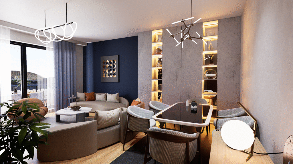 Açık plan salon ve yemek odası tasarımı, aydınlatmalı beton görünümlü nişler, modern avize ve lacivert duvar önünde kavisli koltuk takımı.