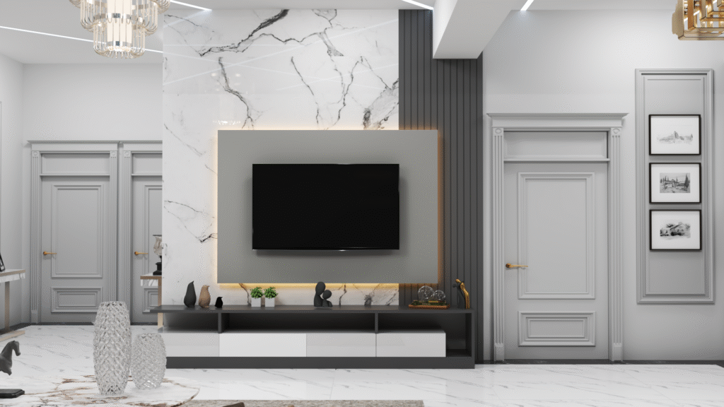 Modern bir salonda, beyaz mermer desenli duvara monte edilmiş gri renkli TV ünitesi ve zarif aksesuarlar