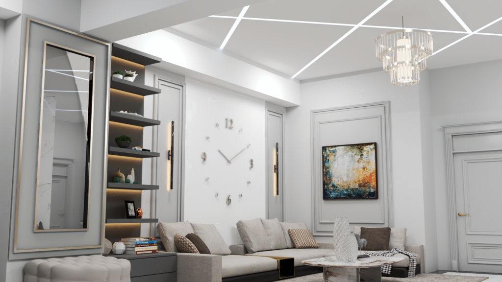 Modern gri bir köşe koltuk takımı, duvarda büyük dekoratif saat ve renkli soyut tablo ile aydınlık salon