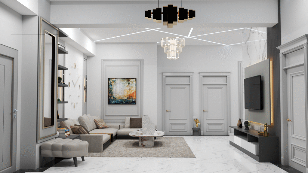 Geniş açıyla çekilmiş, gri ve beyaz modern tonlarda tasarlanmış lüks bir salon iç mekanı.