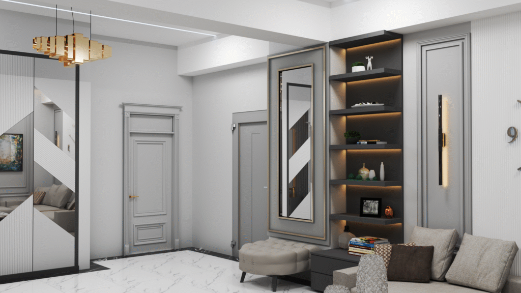 Modern salon girişinde uzun dikey ayna, açık raflı dekoratif ünite ve bej puflu oturma alanı.