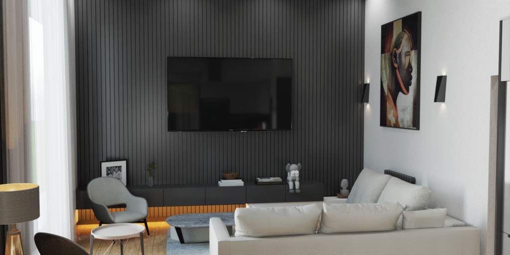 Salon ve Mutfak İç Mimari Tasarımları Siyah dikey panelli modern TV duvarı, minimalist TV ünitesi ve beyaz köşe koltuk takımı olan bir salon.