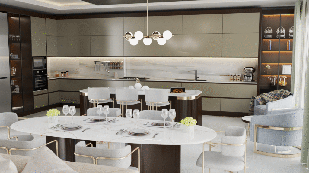 Salon ve Mutfak İç Mimari Tasarımları Modern bir salonda, mermer ve ahşap kaplama TV ünitesi, soyut sanat tabloları ve gri tonlarda köşe koltuk takımı.