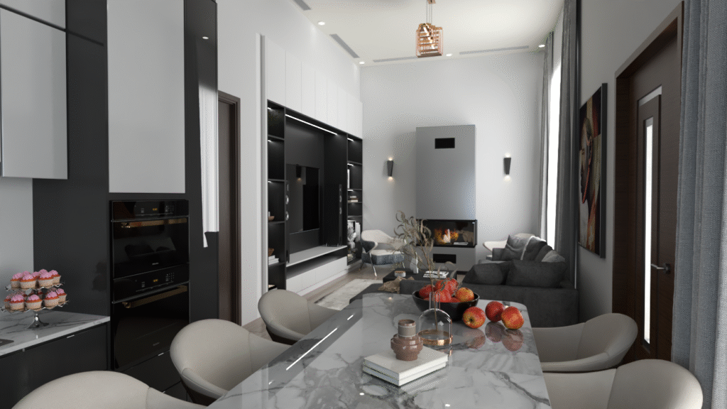 Salon ve Mutfak İç Mimari Tasarımları Salon, mutfak ve yemek alanının birleşimini gösteren modern ve kompakt 2+1 daire tasarımı. Mermer desenli yemek masası, şömine ve TV ünitesi ön planda.