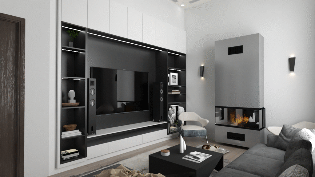 Salon ve Mutfak İç Mimari Tasarımları Modern bir salonun iç tasarımı. Siyah ve beyaz tonlarda büyük bir TV ünitesi, beyaz şömine ve gri köşe koltuk takımı görülüyor.