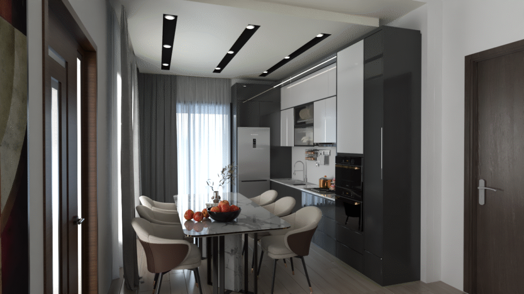 Salon ve Mutfak İç Mimari Tasarımları (Mutfak ve Yemek Alanı): "Modern ve kompakt bir mutfak ve yemek alanı. Parlak siyah ve beyaz mutfak dolapları, mermer desenli yemek masası ve bej sandalyelerle şık bir görünüm.