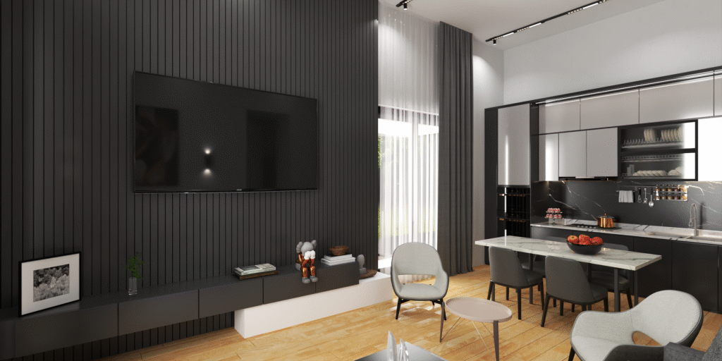 Salon ve Mutfak İç Mimari Tasarımları Modern bir salonda, koyu gri renkli dikey ahşap çıtalı duvara monte edilmiş televizyon ve altında minimal TV ünitesi