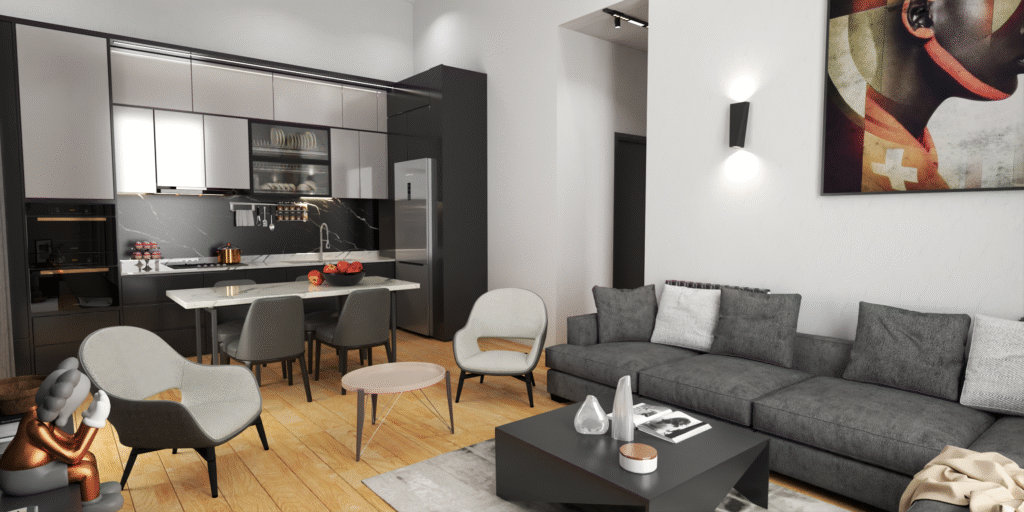 Salon ve Mutfak İç Mimari Tasarımları Salon, mutfak ve yemek alanının birleşimini gösteren genel görünüm. Koyu renk dikey paneller, modern mutfak dolapları ve gri tonlarında oturma grubuyla şık bir iç mekan.