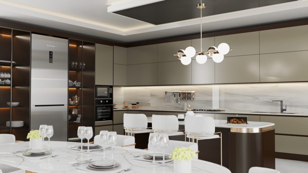 Salon ve Mutfak İç Mimari Tasarımları Ahşap ve beyaz mutfak dolapları, mermer tezgâhlı ada, bordo sandalyeli yemek masası ve modern avizelerle tasarlanmış açık mutfak.