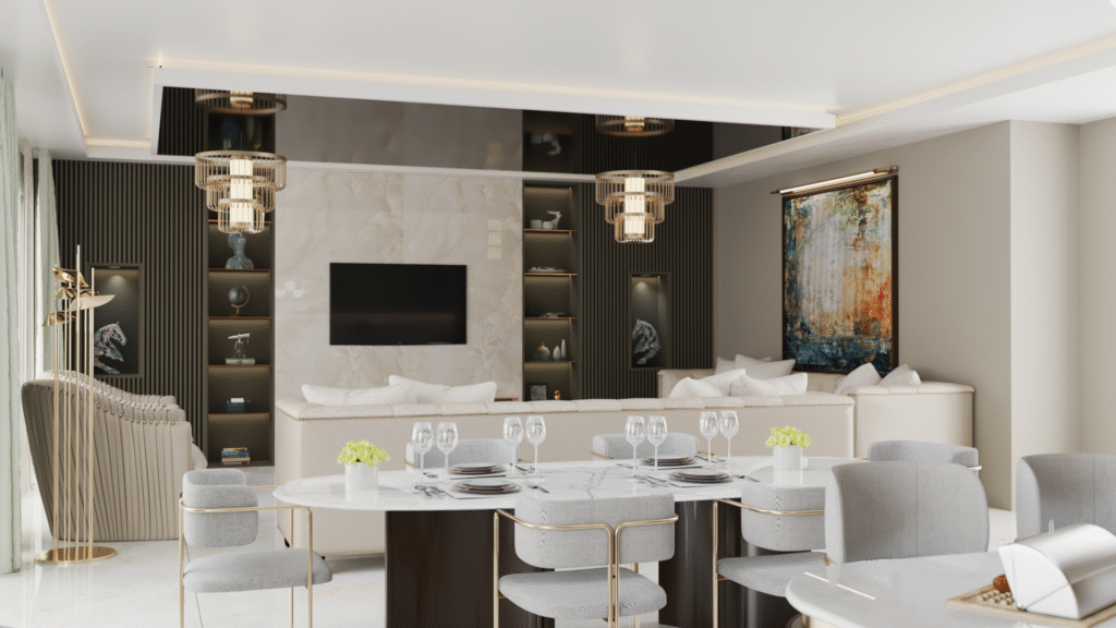 Salon ve Mutfak İç Mimari Tasarımları Açık konsept bir dairede, mermer ve ahşap TV ünitesinin ön planda olduğu, arka planda kırmızı sandalyeli yemek masası ve mutfak alanının göründüğü iç mekan tasarımı."