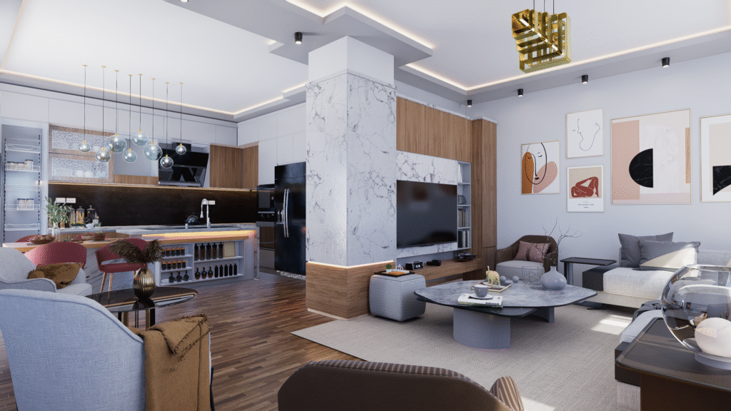 Salon ve Mutfak İç Mimari Tasarımları Geniş açıyla çekilmiş, salon ve mutfağın bir arada bulunduğu modern ve lüks iç mekan tasarımı. Mermer kaplı kolon, ahşap detaylı TV duvarı, mutfak adası ve minimalist sanat eserleri dikkat çekiyor.