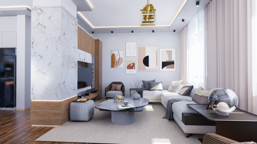 Salon ve Mutfak İç Mimari Tasarımları çık konsept bir dairede, mermer ve ahşap TV ünitesinin ön planda olduğu, arka planda kırmızı sandalyeli yemek masası ve mutfak alanının göründüğü iç mekan tasarımı."