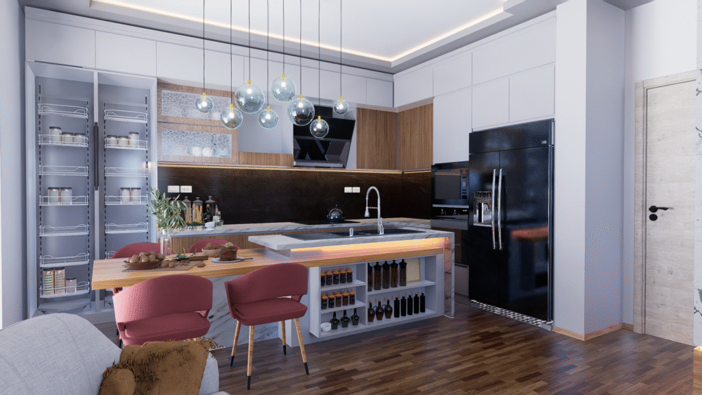 Salon ve Mutfak İç Mimari Tasarımları hşap ve beyaz mutfak dolapları, mermer tezgâhlı ada, bordo sandalyeli yemek masası ve modern avizelerle tasarlanmış açık mutfak.