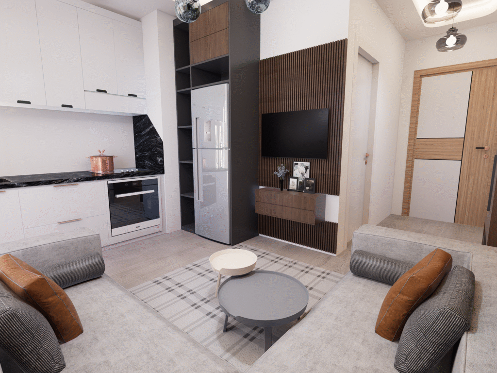 Salon ve Mutfak İç Mimari Tasarımları Sıcak ahşap ve gri tonlarının hakim olduğu modern salon görünümü. Gri L koltuk, kahverengi deri yastıklarla dekore edilmiş, karşısında ise ahşap kaplama TV ünitesi ve duvarda koyu renk dikey paneller bulunuyor