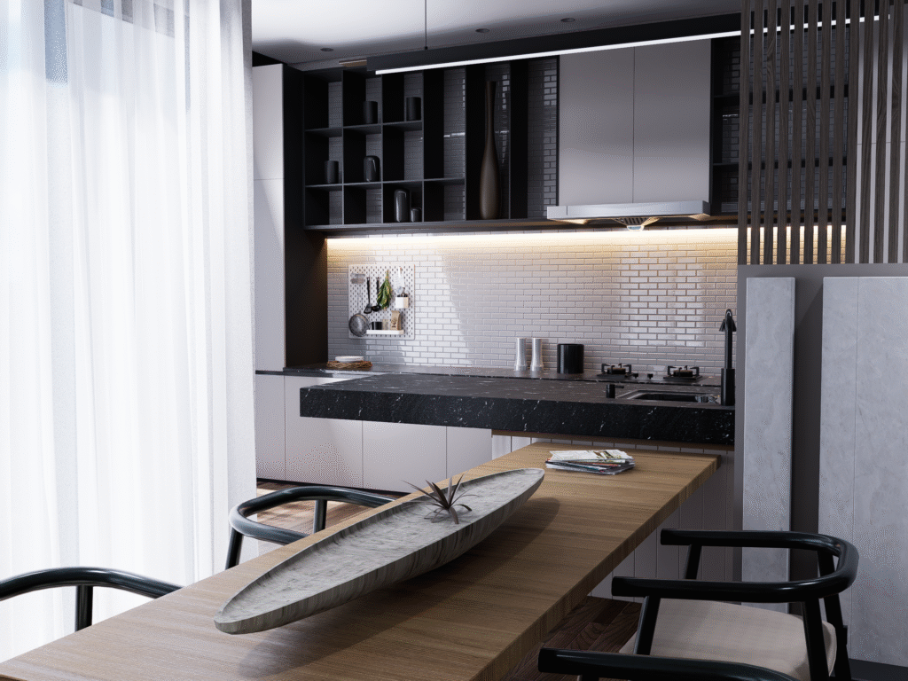 Salon ve Mutfak İç Mimari Tasarımları Modern bir villanın mutfak ve yemek alanı. Siyah mermer tezgah, beyaz tuğla desenli duvar ve ahşap tezgahlı yemek masası.