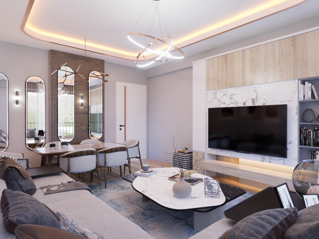 Modern bir salon tasarımı için mimari render ve 3D modelleme hizmeti. Doğal ışık, modern mobilyalar ve sıcak bir atmosfer ile tasarlanmış örnek iç mekan projesi. Yeni nesil mimarlık hizmetiniz için iletişime geçin.