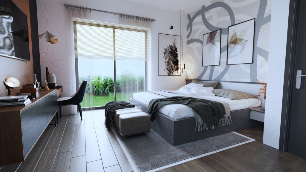 YATAK ODASI TASARIMI Çağdaş yatak odası dekorasyonu. Büyük pencere, doğal aydınlatma, modern mobilyalar ve sanatsal duvar kağıdı. Geniş ve ferah yatak odası