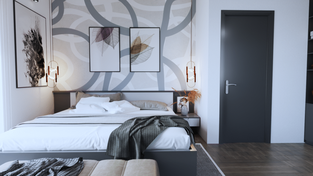 YATAK ODASI TASARIMI Modern yatak odası tasarımı, soyut desenli duvar, şık aydınlatmalar ve ahşap zemin. Estetik ve özgün yatak odası fikirleri.