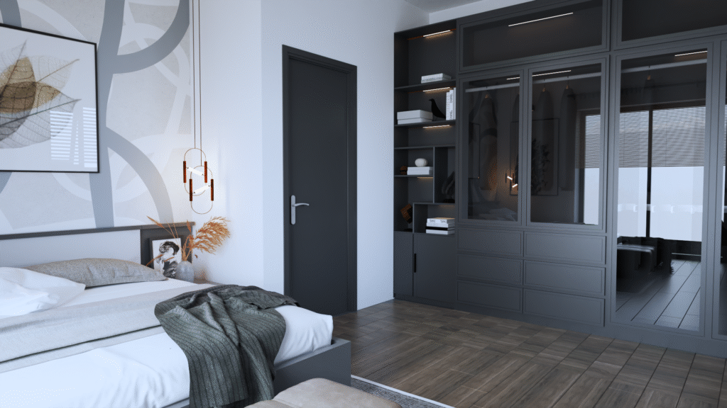 YATAK ODASI TASARIMI Modern yatak odası tasarımı, cam kapaklı gardırop, akıllı televizyon ünitesi ve ahşap paneller. Fonksiyonel ve şık yatak odası dekorasyonu.