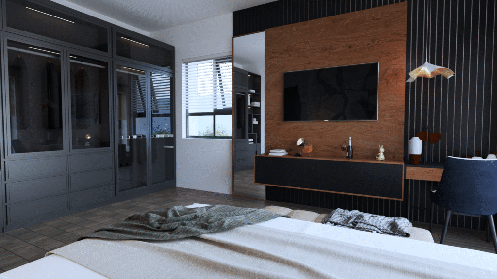 YATAK ODASI TASARIMI Minimalist yatak odası iç mimarisi. Duvar sanatı, modern aydınlatmalar ve cam kapaklı gardırop. Konforlu ve estetik yatak odası