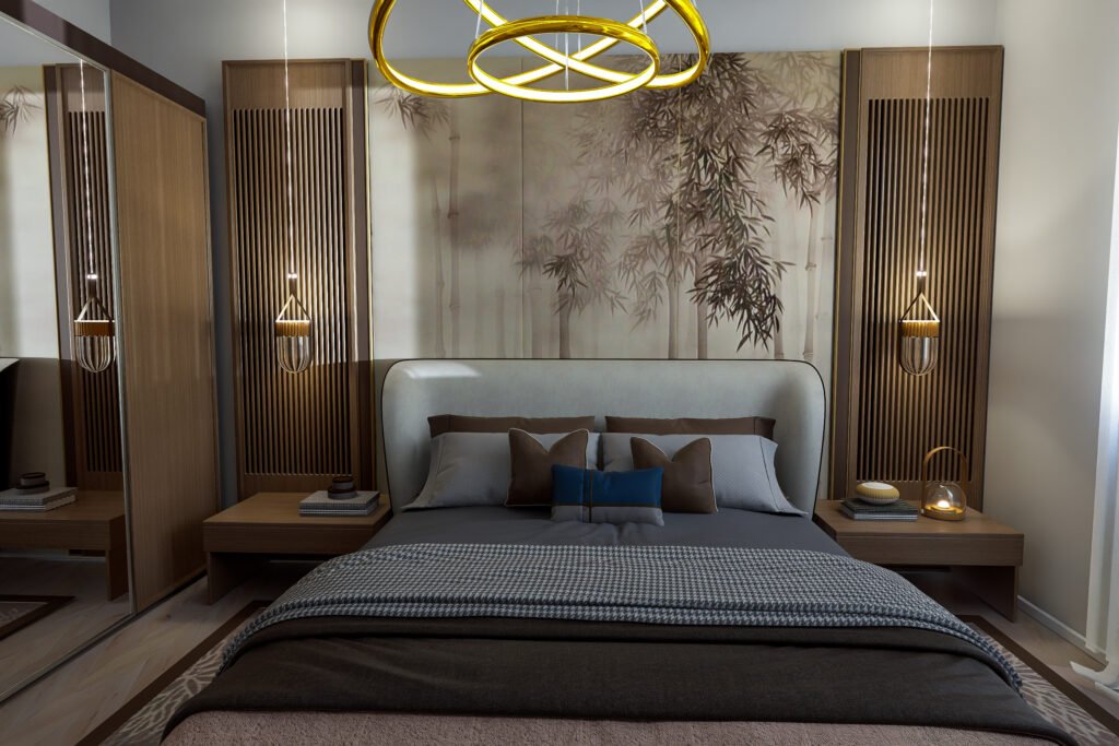 YATAK ODASI TASARIMI Modern yatak odası tasarımı. Bambu duvar paneli, altın avize, ahşap mobilyalar ve şık makyaj masası. Huzurlu ve lüks yatak odası dekorasyonu