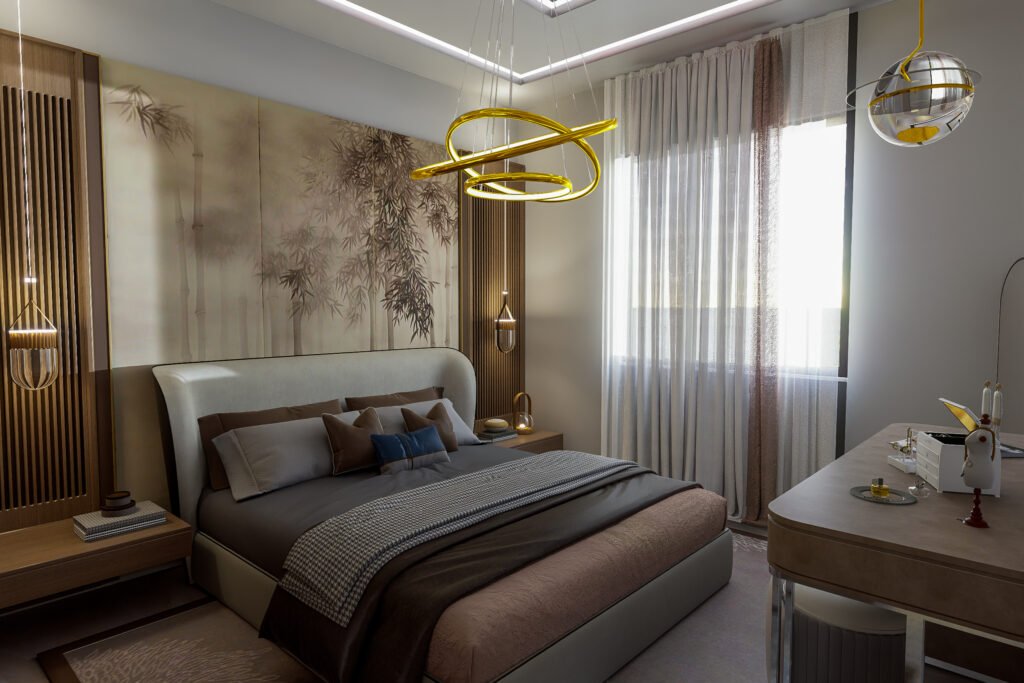 YATAK ODASI TASARIMI Çağdaş yatak odası iç mimarisi. Minimalist mobilyalar, yuvarlak ayna, ahşap paneller ve sanat eseri duvar. Modern ve şık yatak odası fikirleri