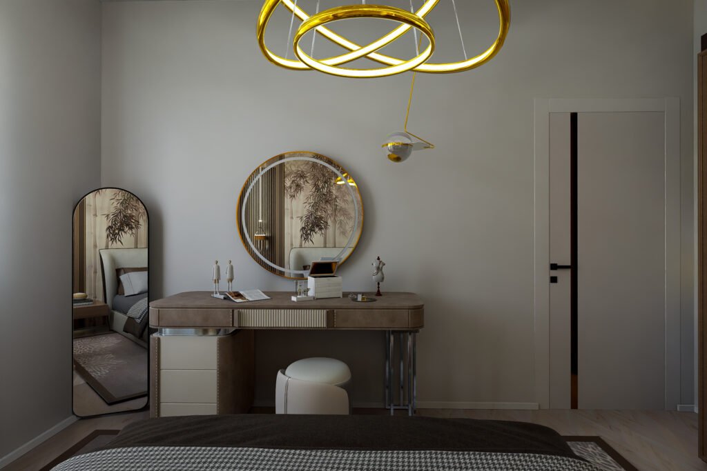 YATAK ODASI TASARIMI Modern yatak odası başlık ve komodinler. Bambu desenli duvar, dikey ahşap paneller, sarkıt aydınlatmalar ve ayna detayları. Yatak odası iç tasarımı.