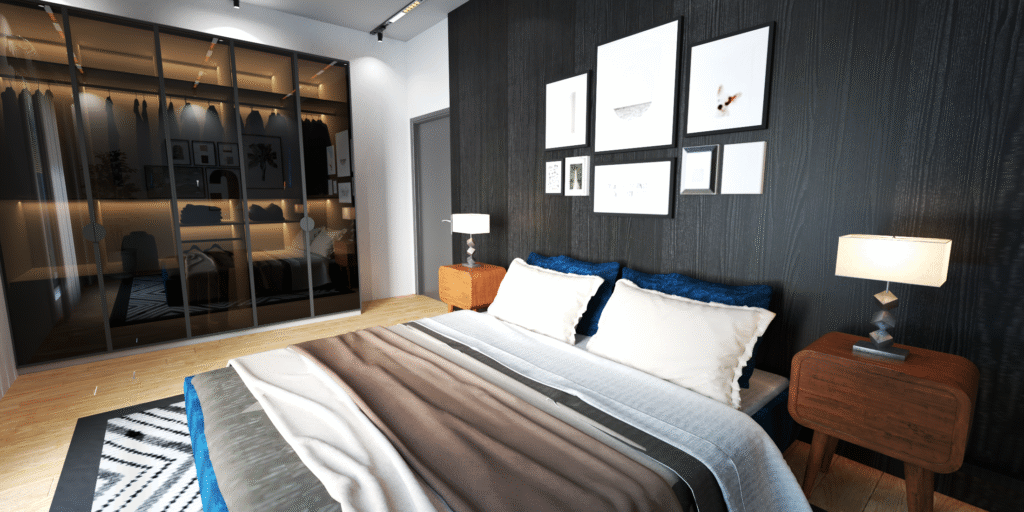 YATAK ODASI TASARIMI Modern yatak odası tasarımı, koyu ahşap duvar paneli, cam kapılı gardırop, modern aydınlatmalar ve ahşap zemin. Şık ve fonksiyonel yatak odası.