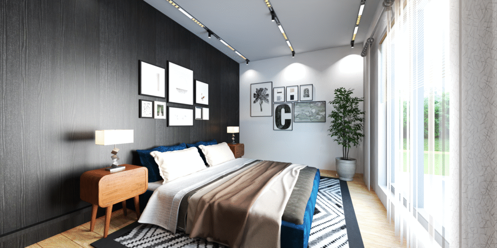 YATAK ODASI TASARIMI Çağdaş yatak odası iç mimarisi. Duvar sanat galerisi, doğal aydınlatma, modern avize, ahşap mobilyalar ve geometrik desenli halı