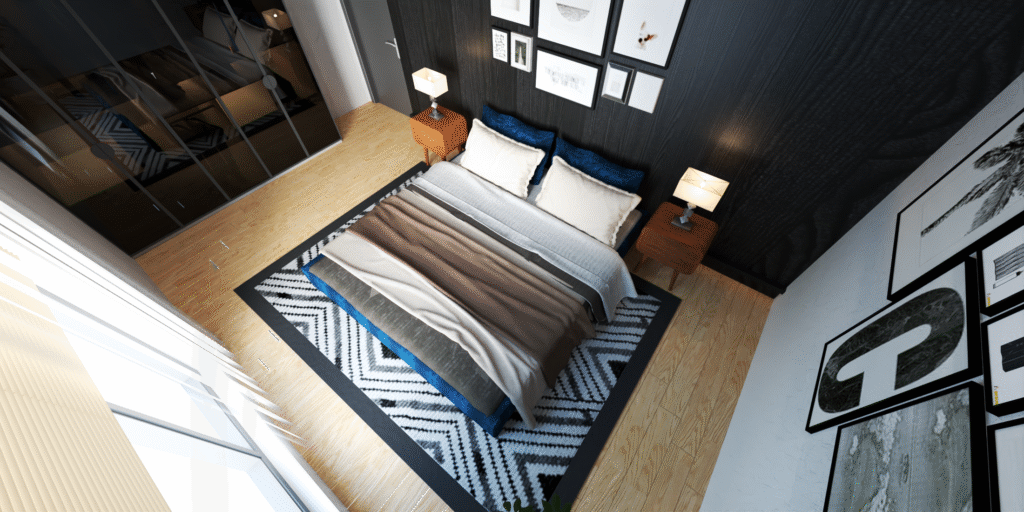 YATAK ODASI TASARIMI Modern yatak odası iç tasarımı. Koyu renk duvar, şık komodinler, geometrik halı ve ahşap zemin. Zıt renklerle dengeli ve uyumlu yatak odası.