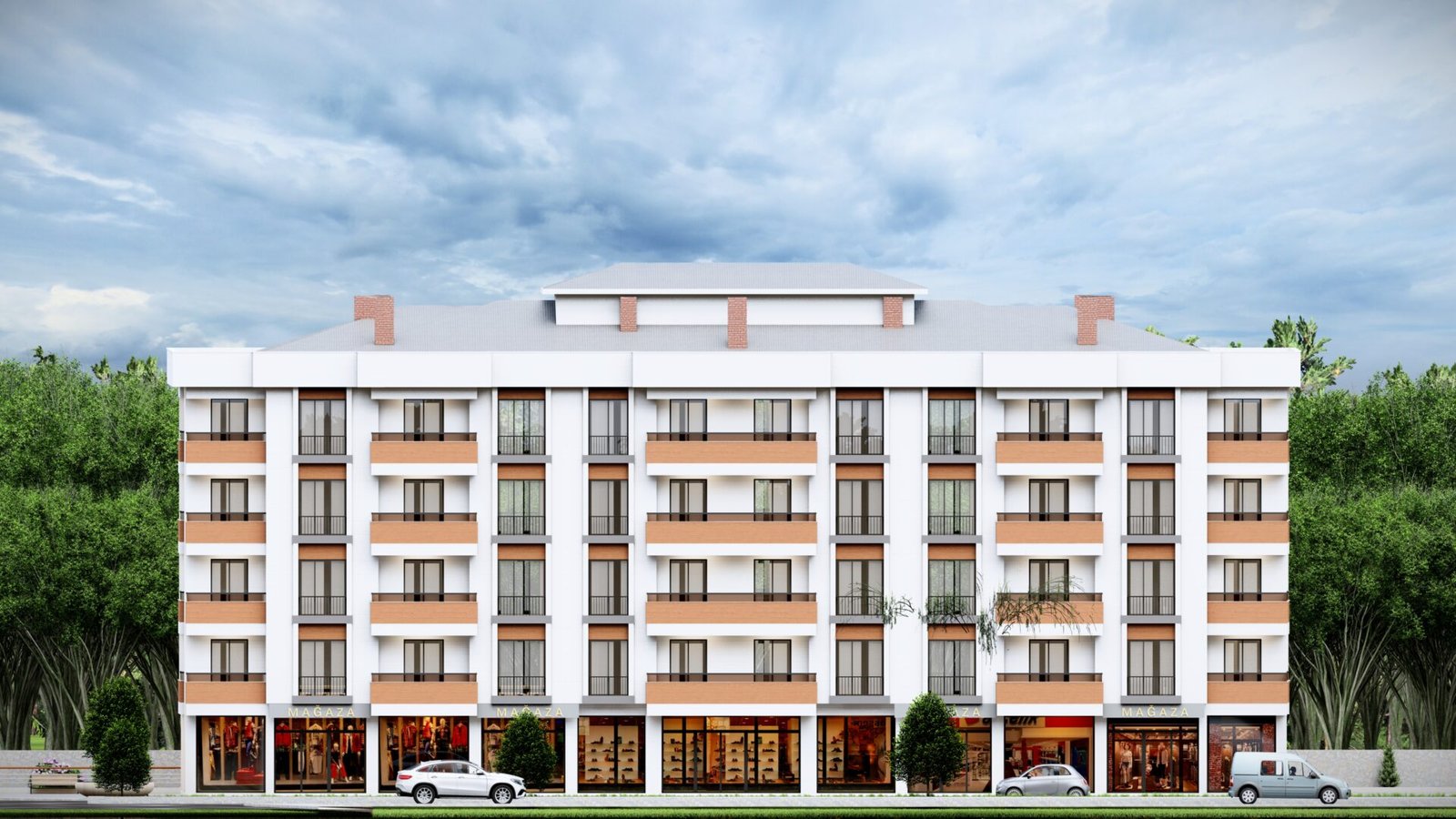 ticari ve konut kullanımı bulunan modern apartman cephe tasarımı