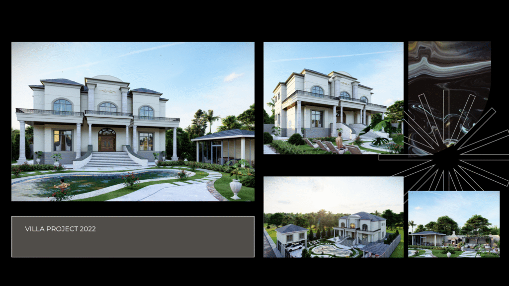 (Villa Project 2022 - Klasik Tasarım 1) "Klasik Villa Projesi 2022. Lüks ve görkemli mimari tasarım. Sütunlu cephe, havuz ve peyzaj detaylarını içeren 3D render görselleri."