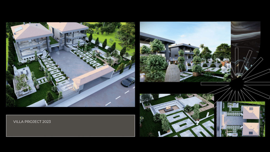 (Villa Project 2023 - İkiz Villa) "İkiz Villa Projesi 2023. Modern mimari, ortak avlulu ve geniş peyzaj alanlı konut projesi. 3D mimari görselleştirme ve vaziyet planı."