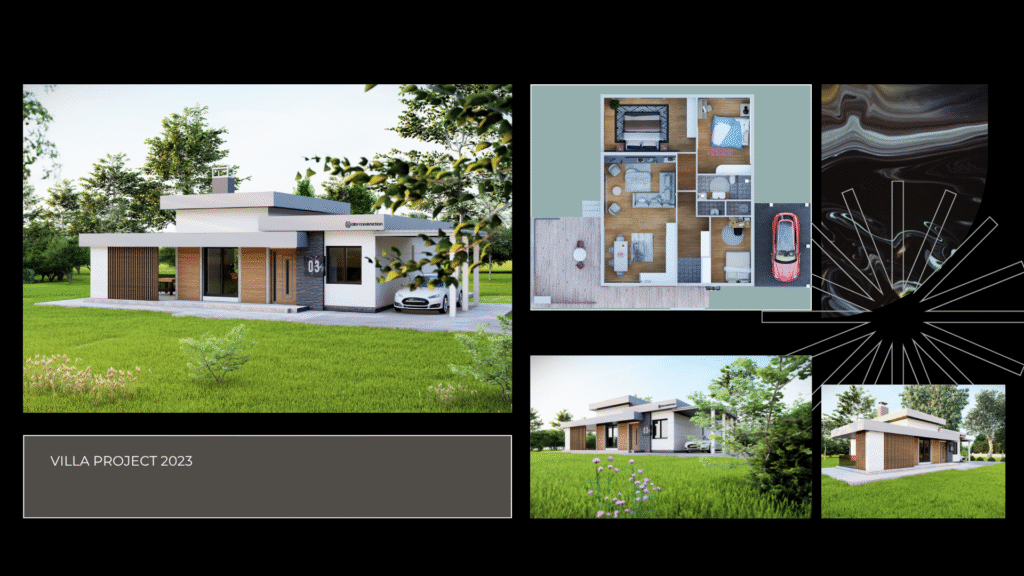 (Villa Project 2023 - Tek Katlı) "Tek Katlı Villa Projesi 2023. Modern ve kompakt konut tasarımı. Dış cephe 3D render görselleri ve 2D mimari kat planı çalışması."