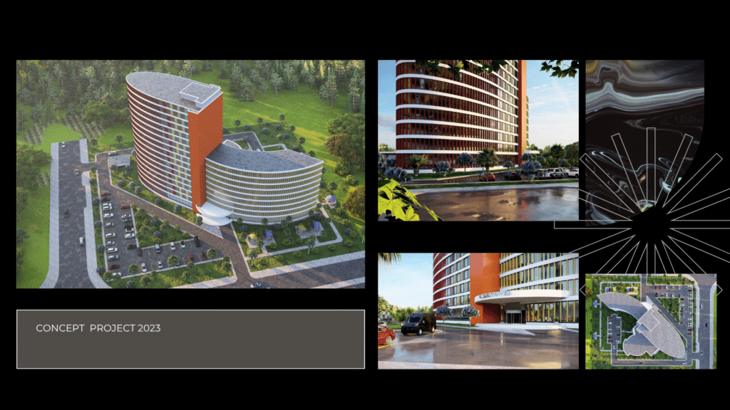 (Concept Project 2023) "Konsept Proje 2023. Geniş ölçekli modern mimari tasarım. Organik formlu otel veya ofis binası 3D görselleştirme ve vaziyet planı."