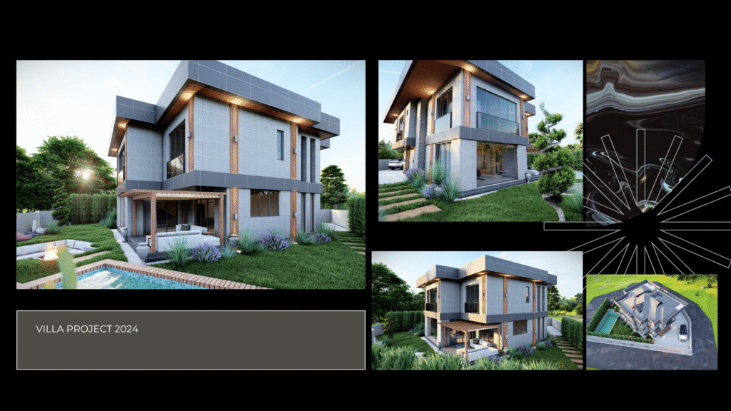 (Villa Project 2024) "Modern Villa Projesi 2024. Taş ve ahşap dokulu kübik mimari tasarım. Havuzlu, bahçeli müstakil ev 3D görselleştirme ve render portfolyosu."