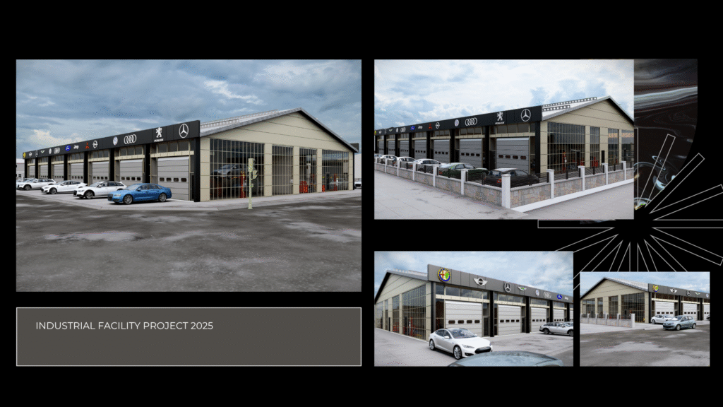 (Industrial Facility Project 2025) "Endüstriyel Tesis Projesi 2025. Oto galeri ve servis dükkanları için ticari mimari tasarım. 3D dış cephe modelleme ve render çalışması."